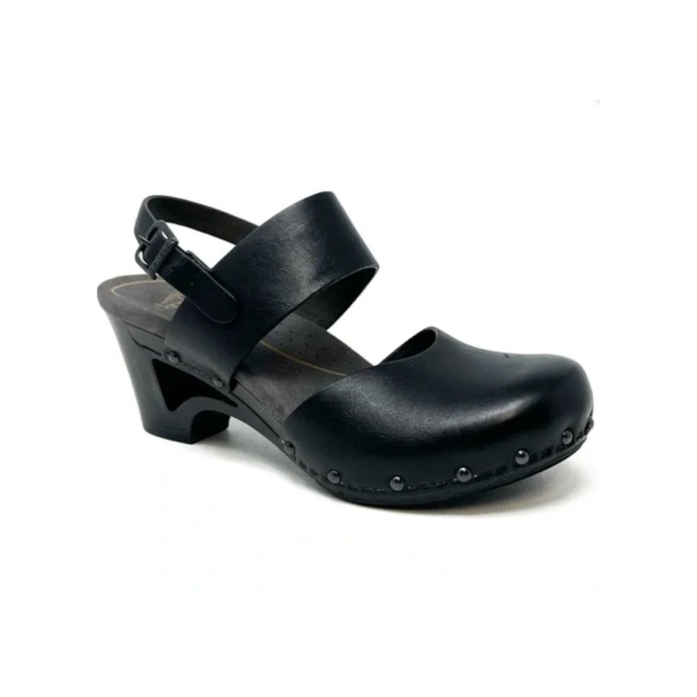 Dansko Thea‎ Clog Wedge Black Leather Studded Slingback Buckle Shoes Size 38